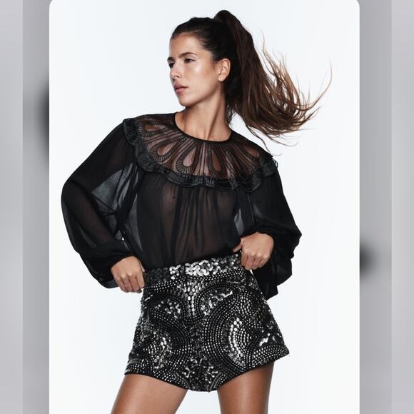 Zara Black ORGANZA BIB COLLAR BLOUSE Size Large - Picture 1 of 12